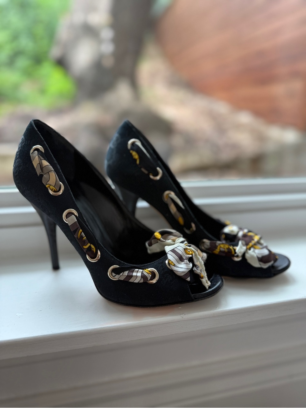 Gucci Black Suede Open-Toe Heels with Patterned Scarf Detail
